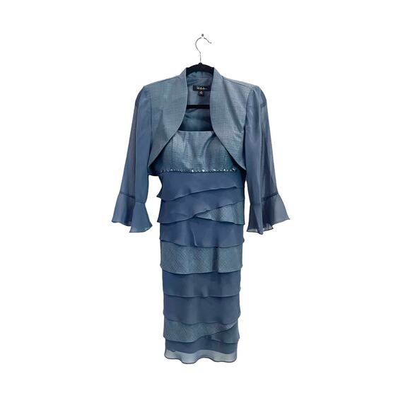 SL Fashions Formal DRESS 2+ CROP JACKET 6P Blue Tiered Beaded Ruffled Mob Wife - Picture 3 of 10